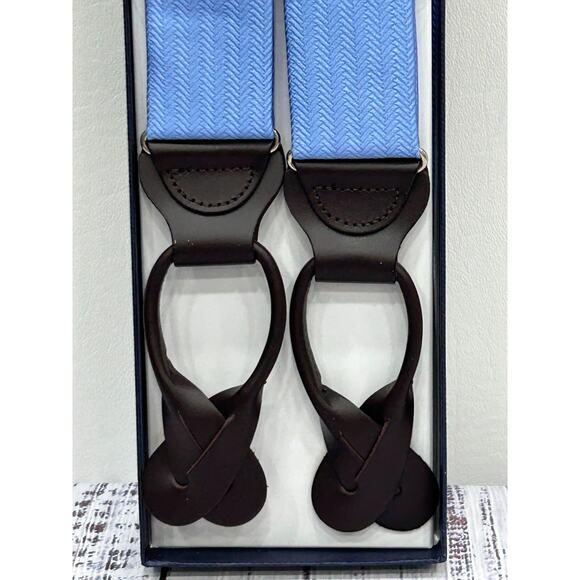 NEW Brooks Brothers Silk Suspenders Braces Blue Herringbone Leather Adjustable - Picture 2 of 6
